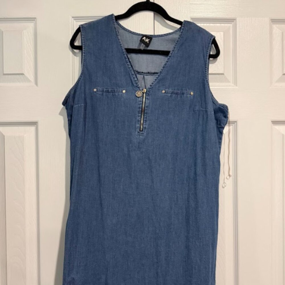 AK Denim Sleeveless Dress XL Zip Front Chambray Shift Dress